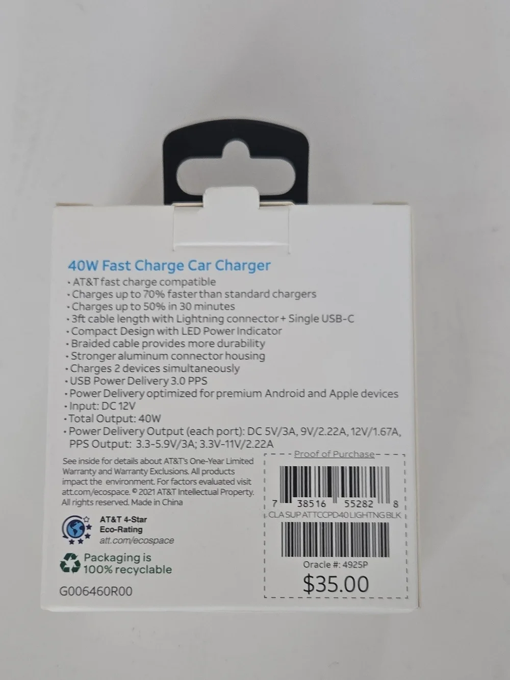 AT&T Fast Charge Single USB-C Car Charger with 3ft Lightning Cable - Black